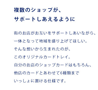 複数のショップが、サポートしあえるように 街のお店がお互いをサポートしあいながら、一体となって地域を盛り上げてほしい。そんな想いから生まれたのが、このオリジナルカードトレイ。自分のお店のショップカードはもちろん、他店のカードとあわせて6種類までいっしょに置ける仕様です。