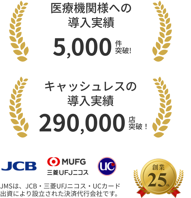 医療機関様への導入実績5,000件突破! キャッシュレスの導入実績290,000店突破！ JMSは、JCB・三菱UFJニコス・UCカード出資により設立された決済代行会社です。