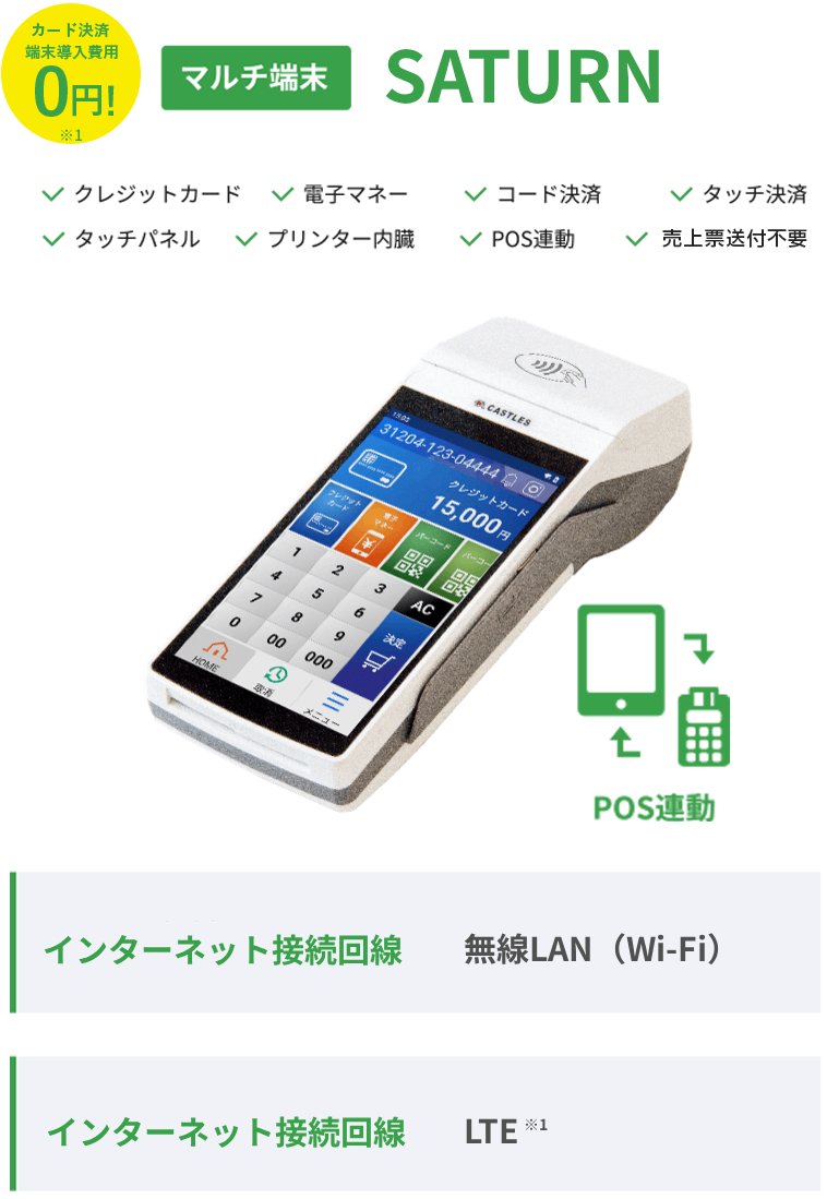 カード決済端末導入費用0円 マルチ端末 SATURN1000F2