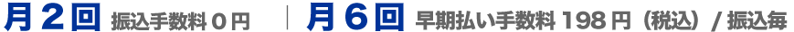 月2回（振込手数料0円）月6回（早期払い手数料198円/振込毎）
