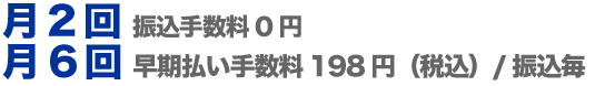 月2回（振込手数料0円）月6回（早期払い手数料198円/振込毎）