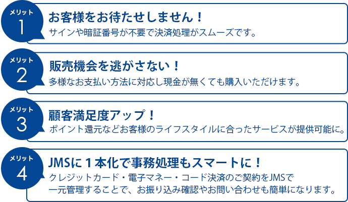 メリット１: お客様をお待たせしません！サイン不要で決済処理がスムーズ！,メリット２：販売機会を逃さない！多様なお支払い方法に対応し現金が無くても購入いただけます。,メリット３：ハンドリングコスト低減！釣銭が減少でき加盟店様にもお客様にも便利です。,メリット４：JMSに1本化で事務処理もスマートに！クレジットカード・電子マネー・コード決済のご契約をJMSで一元管理することで、お振り込み確認やお問い合わせも簡単になります。