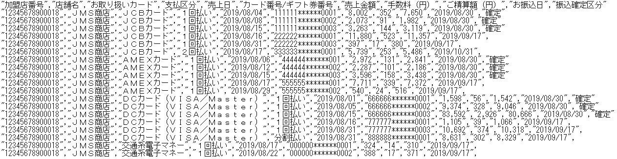 「売上日」売上明細情報（CSVファイル）のサンプル