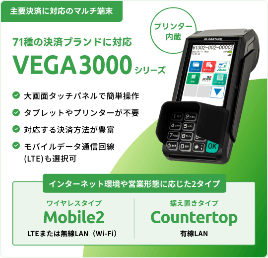 主要決済に対応のマルチ端末 71種の決済ブランドに対応 VEGA3000シリーズ
